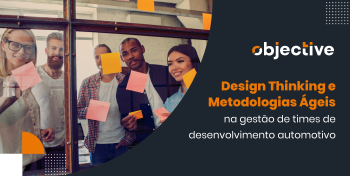 imagem de pessoas olhando para um vidro com diversos post-its colador e ao lado o título do artigo design thinking e metodologias ageis