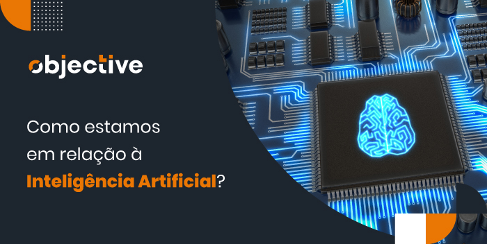 imagem de linhas de luzes se conectando e formando um cérebro ao lado a frase "como estamos em relacao a inteligencia artificial?"