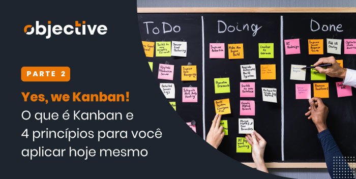 Imagem de uma lousa representando a gestão visual do Kanban e ao lado, destaque para a frase: "Yes, we Kanban! O que é Kanban e 4 princípios para você aplicar hoje mesmo - parte 2" 