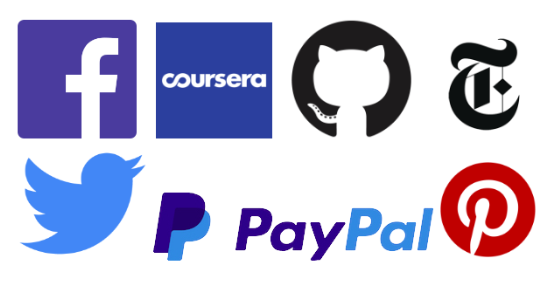 Logos do Facebook, Coursera, Twitter, paypal, Pinterest, The New Yprk Times e Git Hub