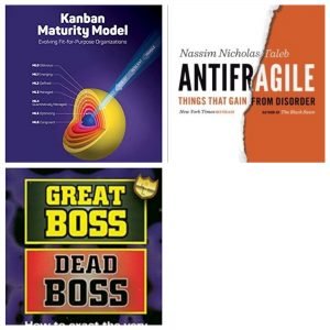 Imagem dividida em três capas de livros sobre Kanban que abordam o Kanban Maturity Model
