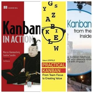 imagem dividida entre três capas de livros sobre Kanban
