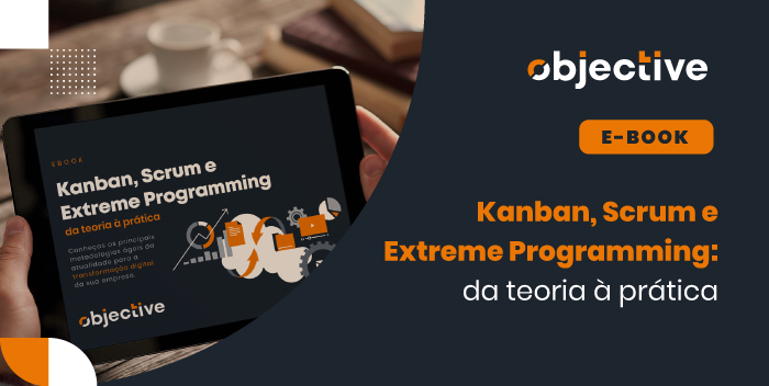 tablet com o ebook aberto na tela e ao lado o título Kanban, Scrum e Extreme Programming: da teoria à prática
