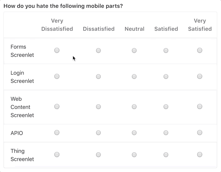 Gif de uma versão web de uma pesquisa de o quão satisfeito você está com as peças mobile