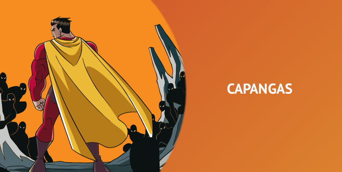 super herói em pé e a sombra de outros homens admirando com a frase ao lado escrito "capangas"