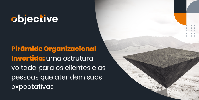 Imagem de uma pirâmide de cabeça para baixo e ao lado a escrita "Pirãmide Organizacional Invertida:uma estrutura voltada para os clientes e para as pessoas que atendem as espectativas