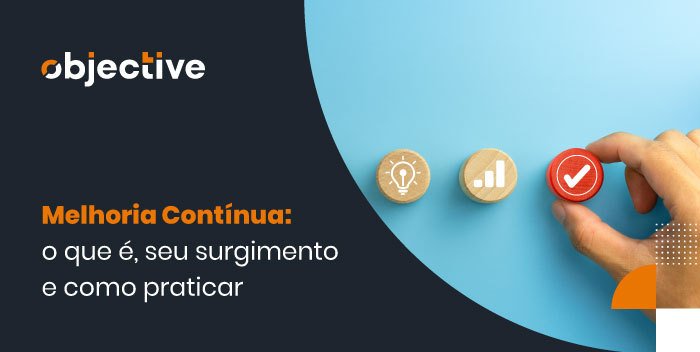 Imagem de ícones relacionados a ideias e métricas, além disso ao lado temos a escrita "Melhoria contínuao que é, como surgiu e como praticar"
