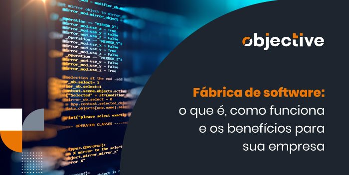 imagem de vários códigos em uma tela e ao lado o destaque para a frase "Fábrica de Software: o que é, como funciona e os benefícios para as empresas"