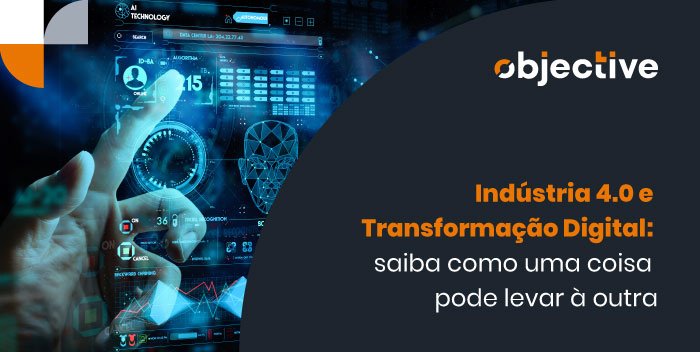 imagem de uma mão clicando em gráficos por uma tela e ao lado destaque para a frase "indústria 4.0 e Transformação Digital: Saiba como uma coisa pode levar à outra"