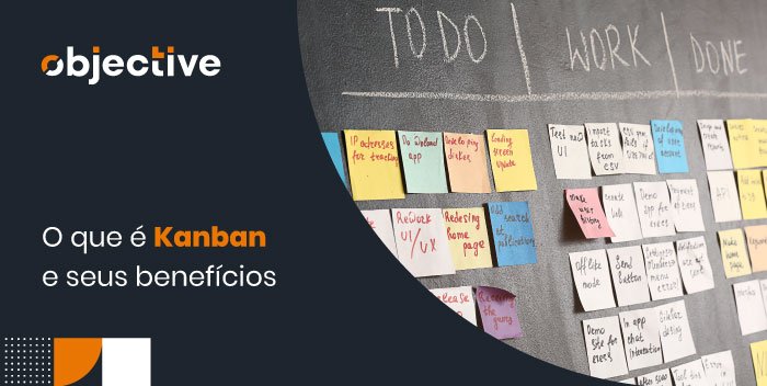 Quadro Kanban com três colunas e post-its e ao lado a escrita "O que é Kanban e seus benefícios"