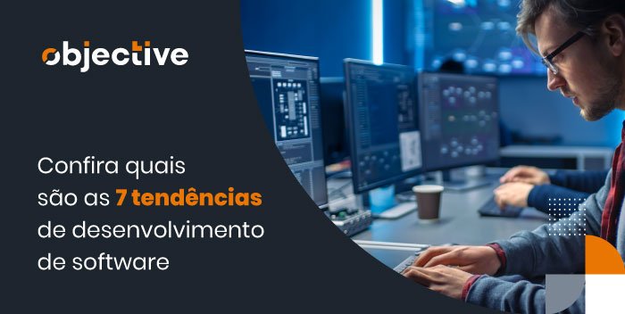 imagem de uma pessoa sentada em frente a um compurador programando. Ao lado destaque para a frase: "confira quais são as 7 tendências do desenvolvimento de software"