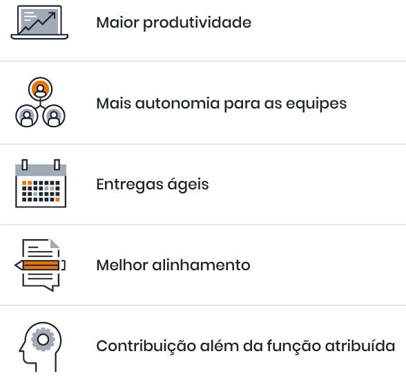 frase com ícones e destaque dos benefícios da squad "maior produtividade; mais autonomia; entregas ágeis; melhor alinhamento; contribuição além da função atribuída"