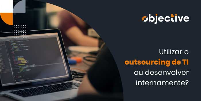 Computador aberto com um gráfico em sua tela e ao lado a escrita "Utilizar o outsourcing de TI ou desenvolver internamente?"