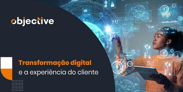 Pessoa utilizando uma tela com vários gráficos e ao lado a escrita "Transformação digital e a relação com a experiência do cliente'