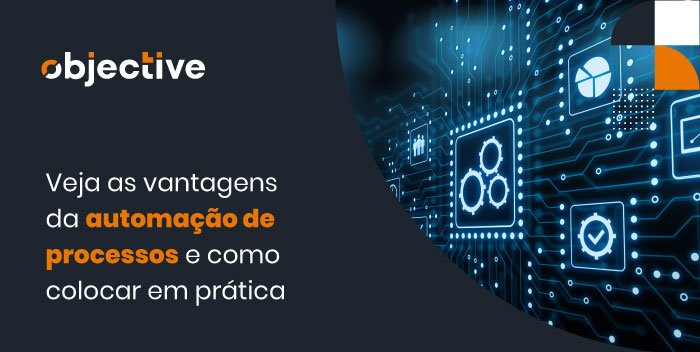 Exemplo de fundo tecnológico mostrando caminhos interligados de dados, com o destaque para a frase "Veja as vantagens da automação de processos e como colocar em prática"