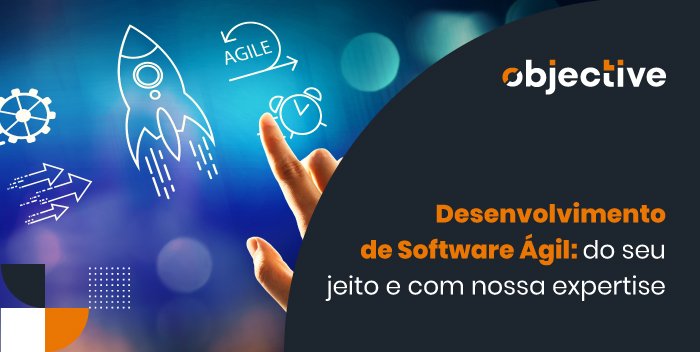 Desenho de um foguete e outros elementos do mundo de desenvolvimento de software e a escrita "Desenvolviemnto de software Àgil: do seu jeito e com nossa expertise"
