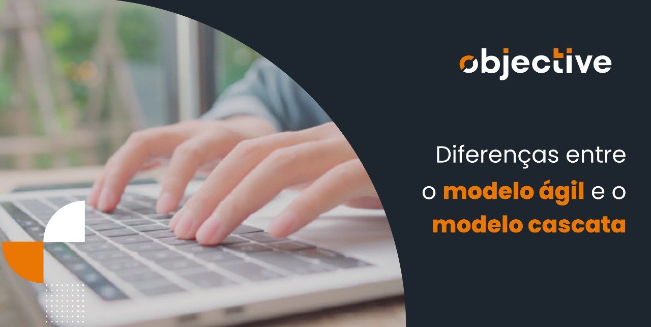 Imagem de uma pessoa usando um computador e ao lado a escrita "Diferença entre o modelo ágil e o modelo cascata"